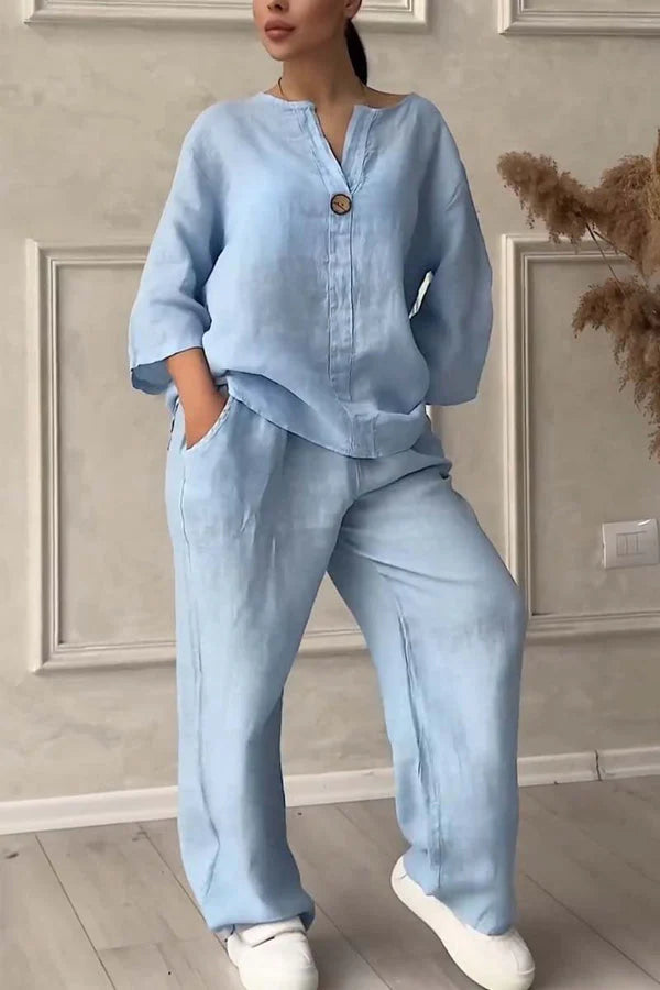 Emily - Chique, relaxte tweedelige set met een overhemd met knoopsluiting en een broek met wijde pijpen