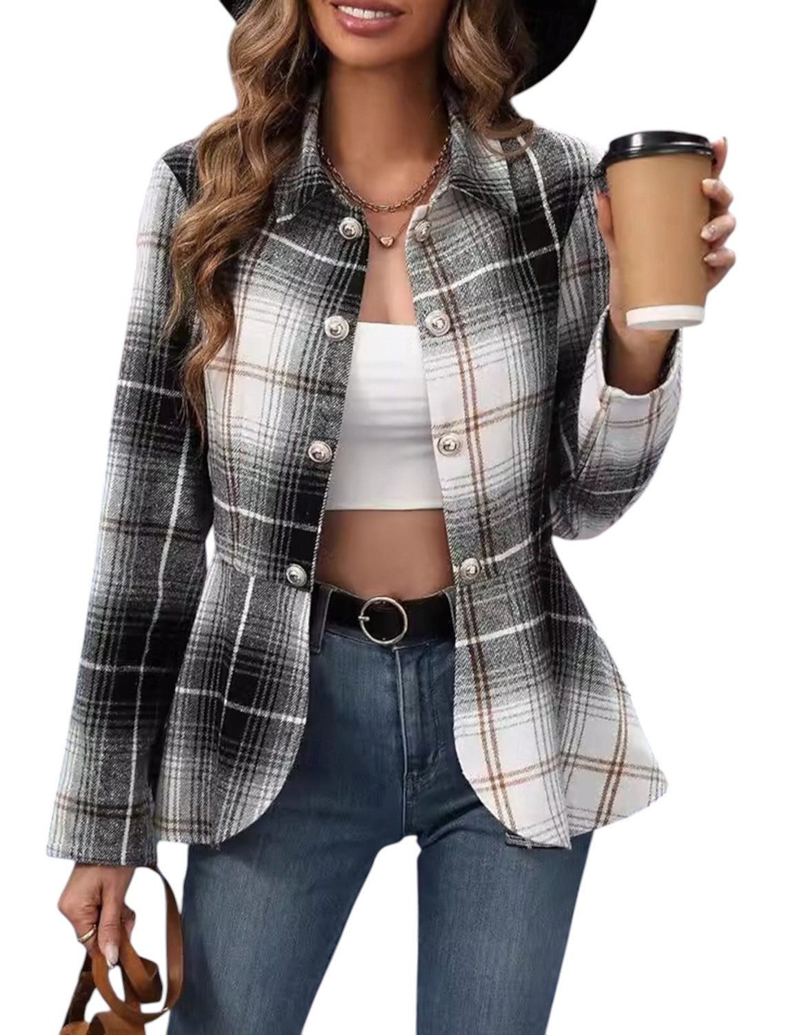 Xena - Geruite blazer met aansluitende taille, knoopsluiting aan de voorkant en uitlopende zoom