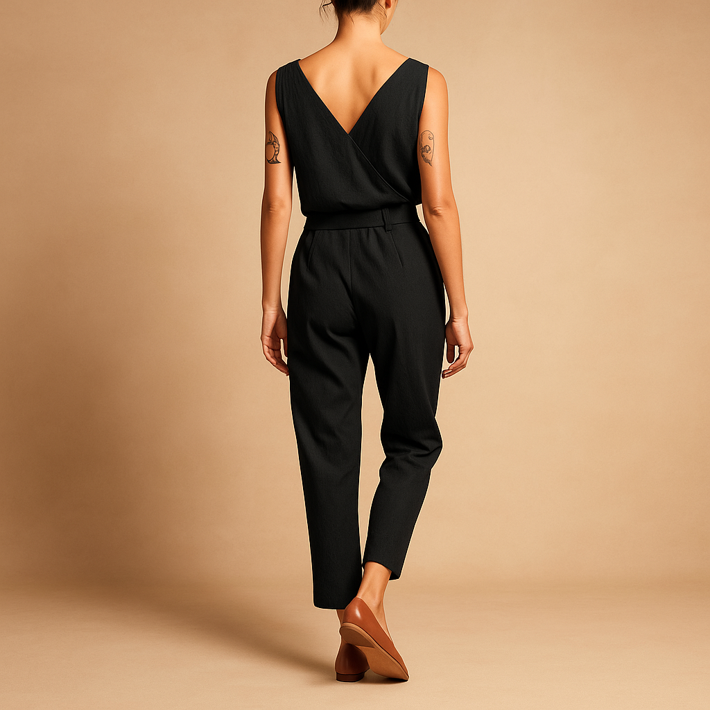 Juna – Trendy mouwloze jumpsuit met diepe V-hals en ceintuur in de taille