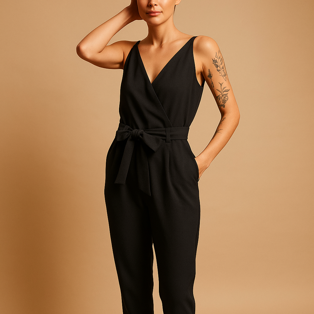 Juna – Trendy mouwloze jumpsuit met diepe V-hals en ceintuur in de taille
