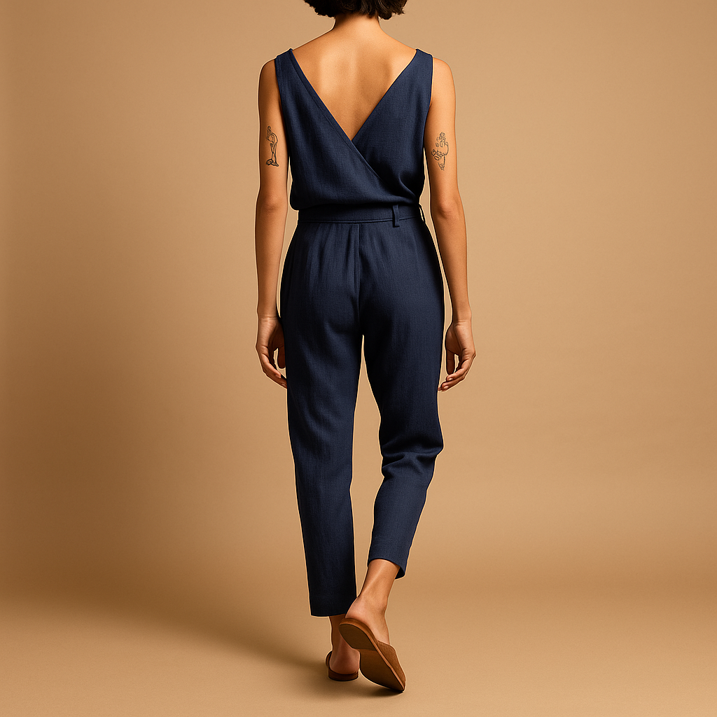 Juna – Trendy mouwloze jumpsuit met diepe V-hals en ceintuur in de taille
