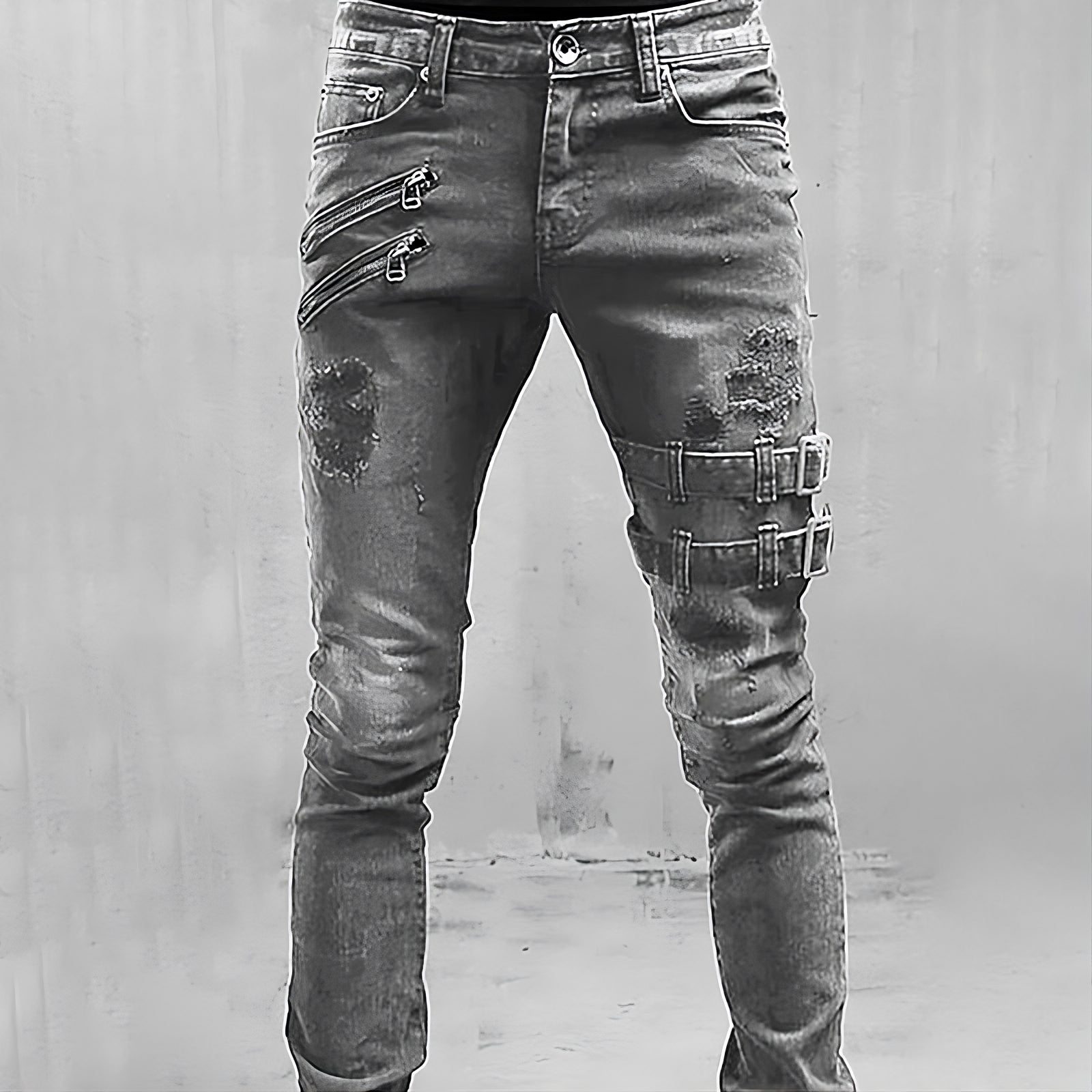 Axel - Distressed Skinny Jeans met ritsaccenten en vet gespriempje
