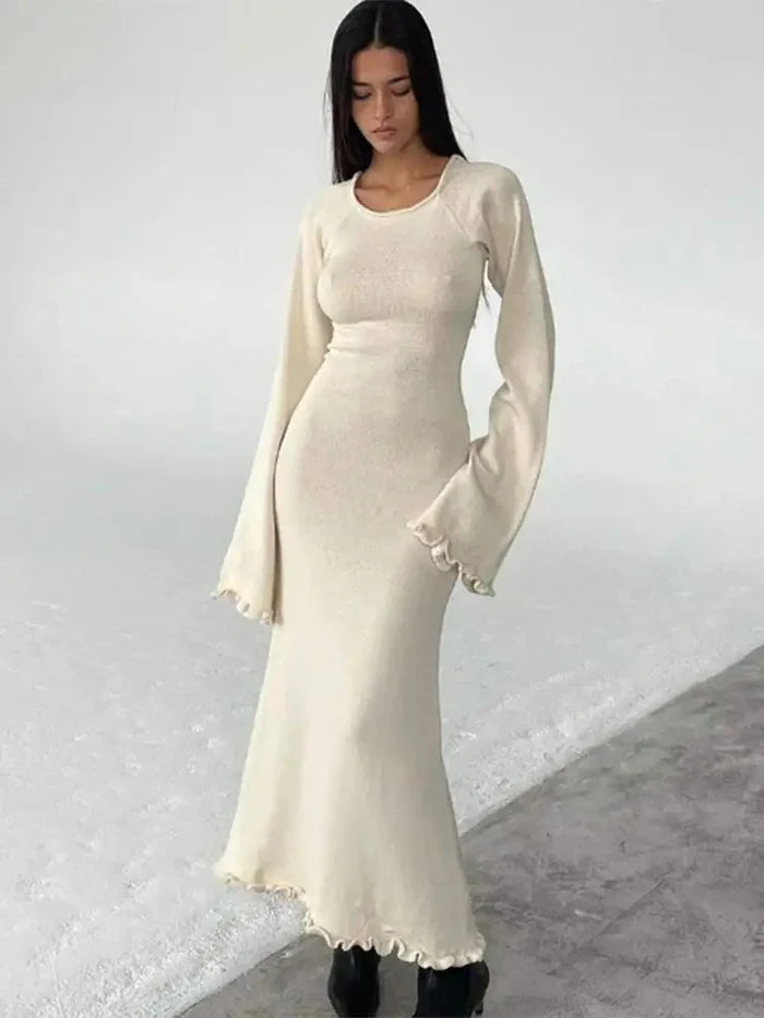 Ella - Elegante Maxi jurk met lange mouwen en geruite manchetten