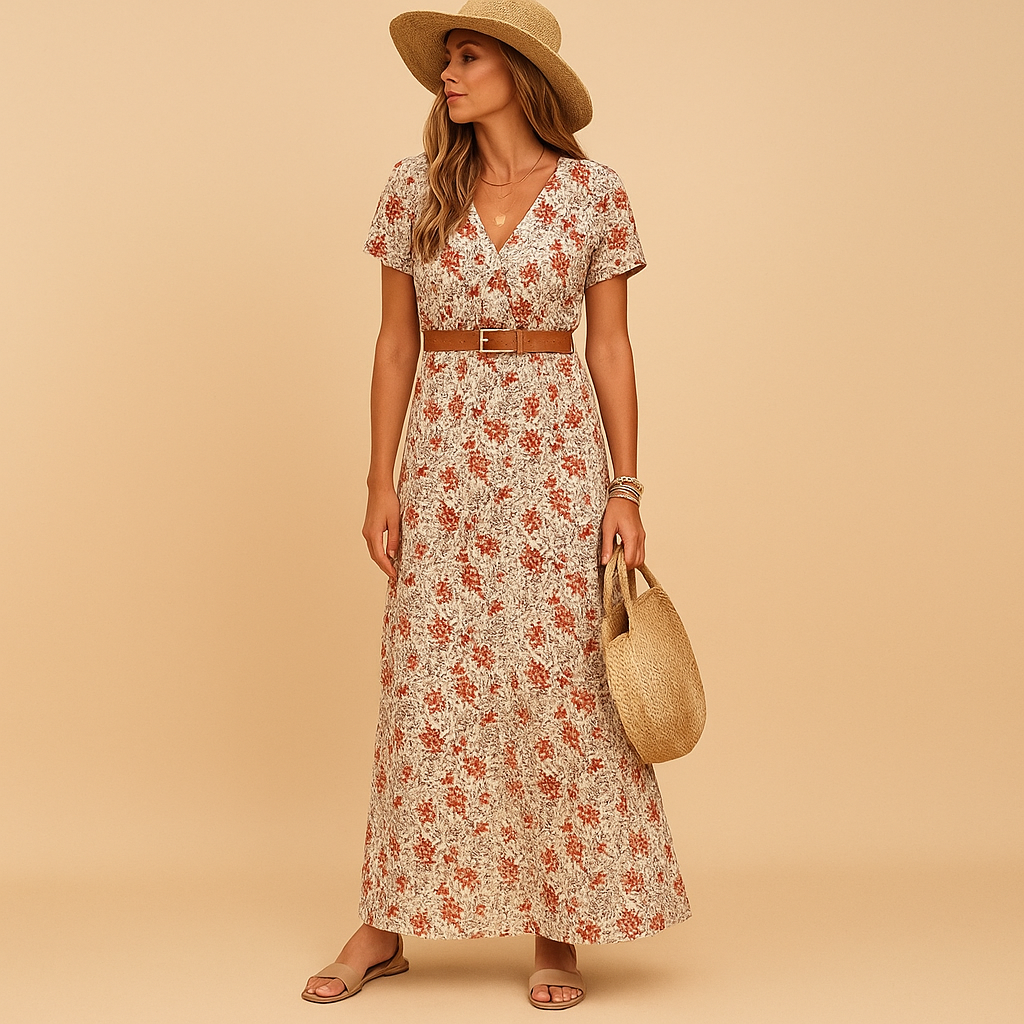 Greta - Moderne jurk met hoge tailleriem en diepe V-hals