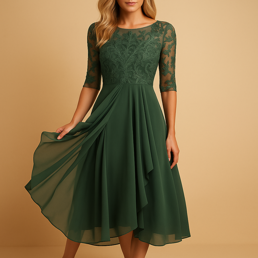 Riley - Flowy midi jurk met korte mouwen en hoge tailleband