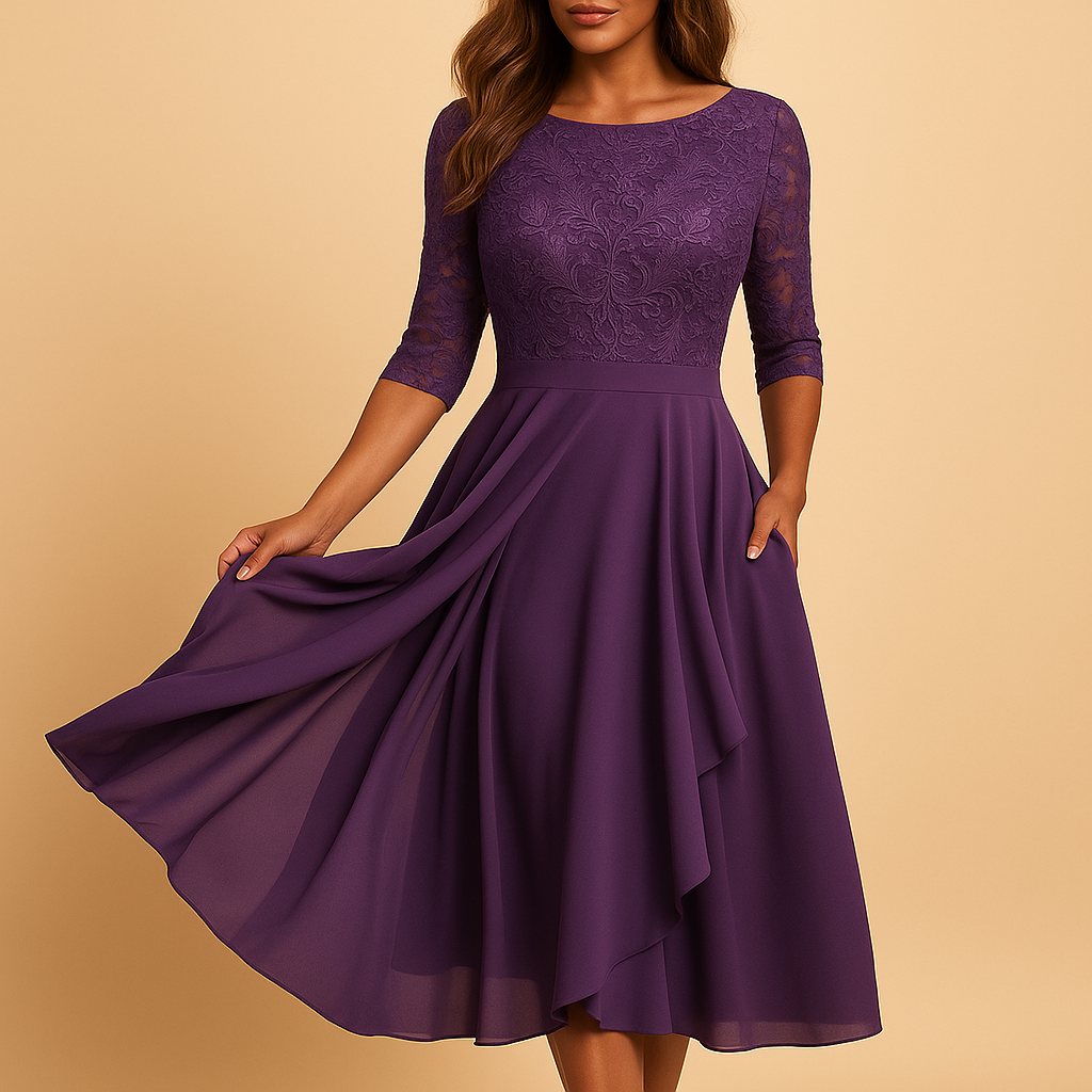 Riley - Flowy midi jurk met korte mouwen en hoge tailleband