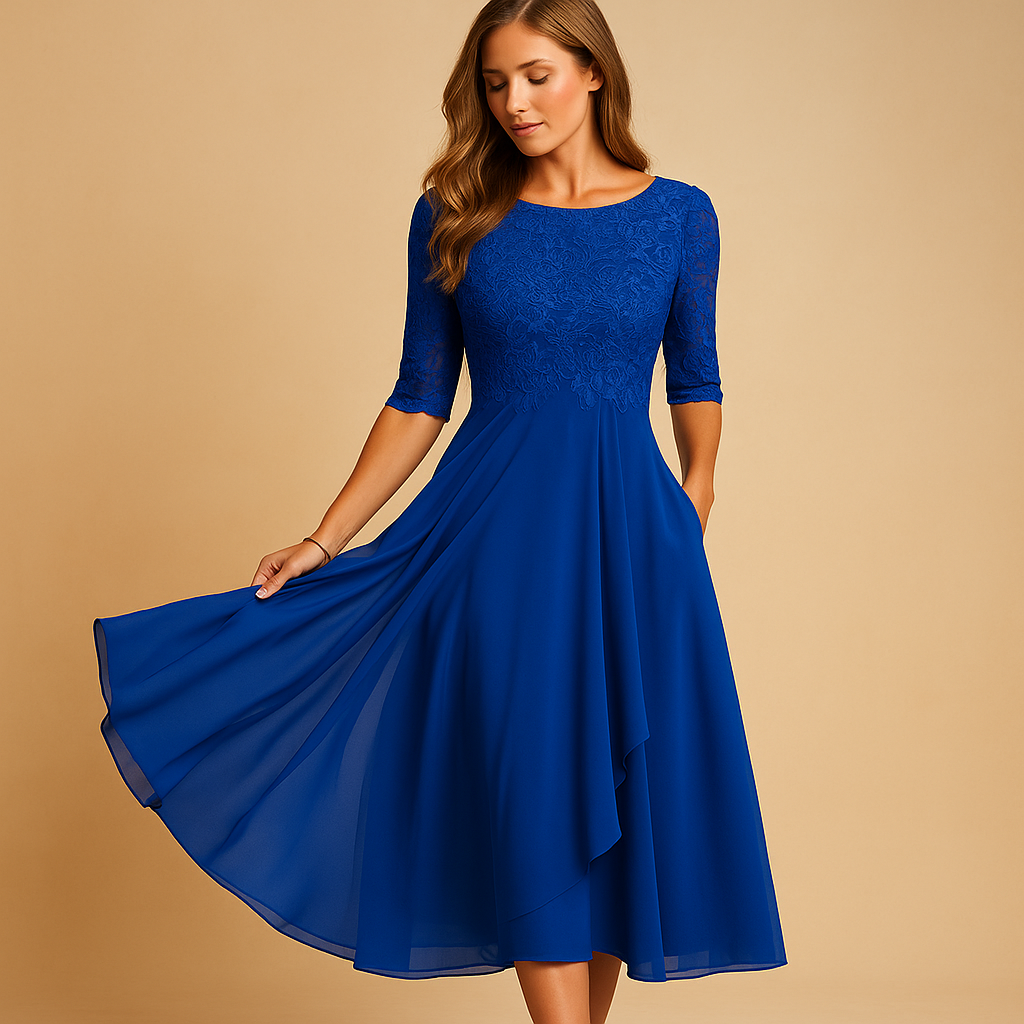 Riley - Flowy midi jurk met korte mouwen en hoge tailleband