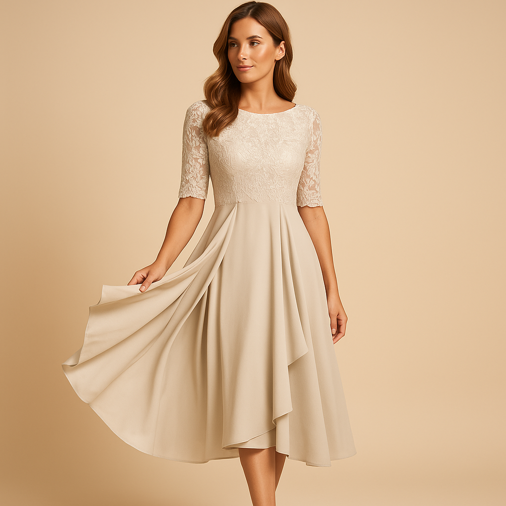 Riley - Flowy midi jurk met korte mouwen en hoge tailleband