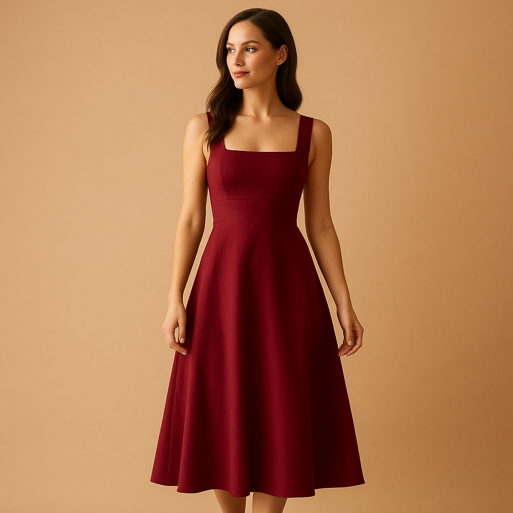 Vera – Midi-jurk met vierkante hals, open rug en hoge tailleband