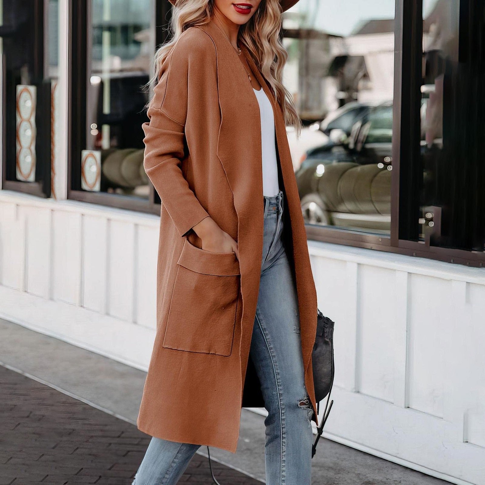 Lena - Elegant lang vest met open voorkant, driekwart mouwen en zakken aan de voorkant