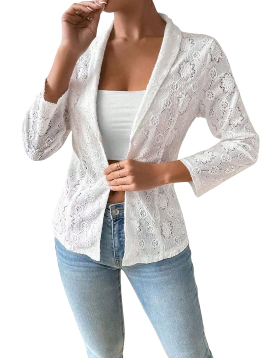 Natalie - Elegante open voorkant kanten blazer met bloemenpatroon en driekwart mouwen
