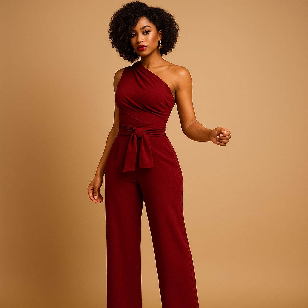 Lunera – Moderne jumpsuit met één schouder, wijde pijpen en tailleband