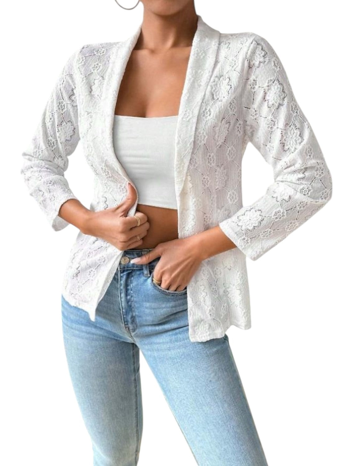 Natalie - Elegante open voorkant kanten blazer met bloemenpatroon en driekwart mouwen