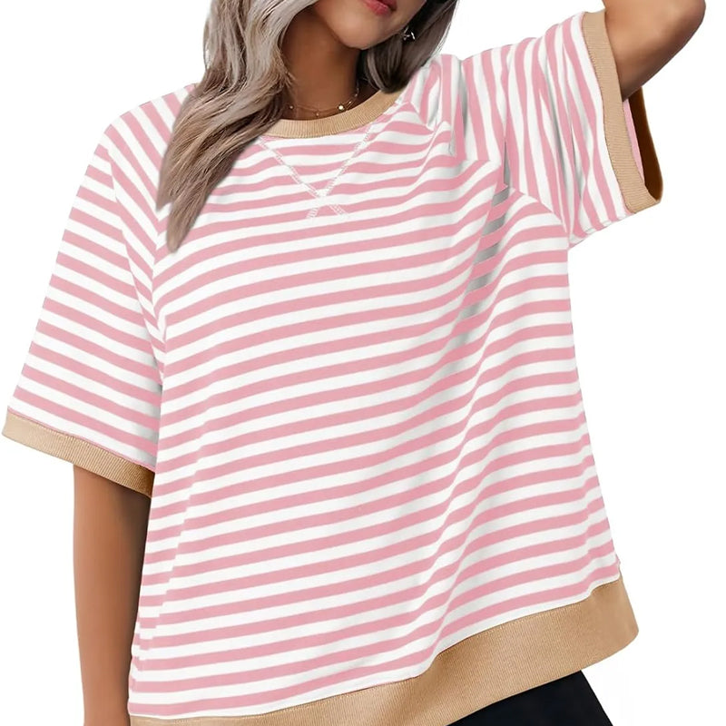 Elara – Casual Gestreept T shirt met Korte Mouwen en O Hals