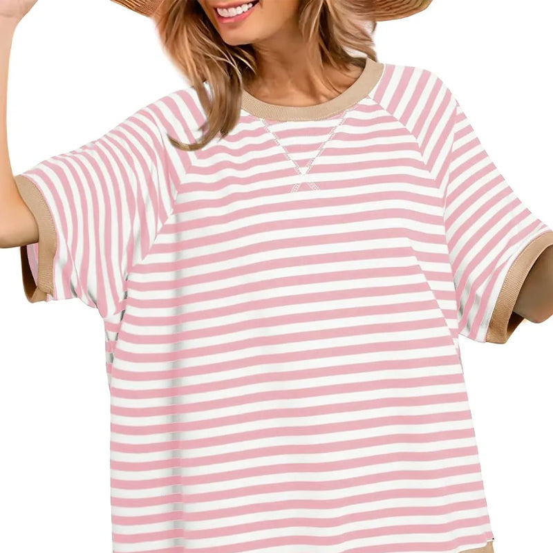 Elara – Casual Gestreept T shirt met Korte Mouwen en O Hals
