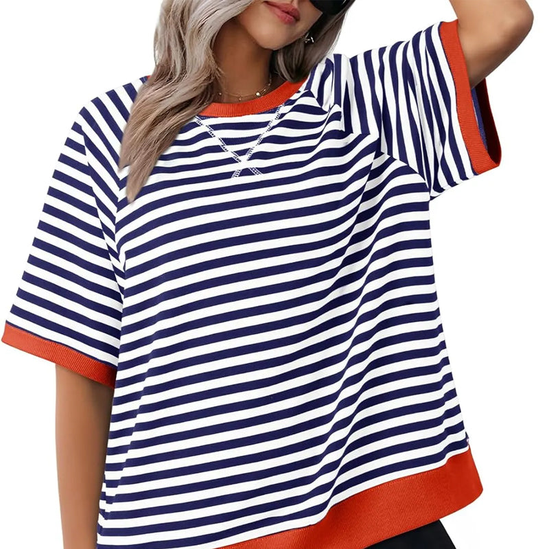 Elara – Casual Gestreept T shirt met Korte Mouwen en O Hals