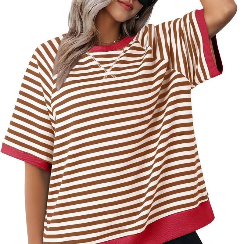 Elara – Casual Gestreept T shirt met Korte Mouwen en O Hals
