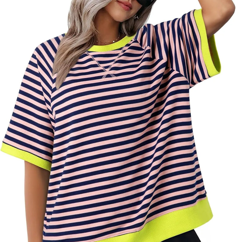 Elara – Casual Gestreept T shirt met Korte Mouwen en O Hals