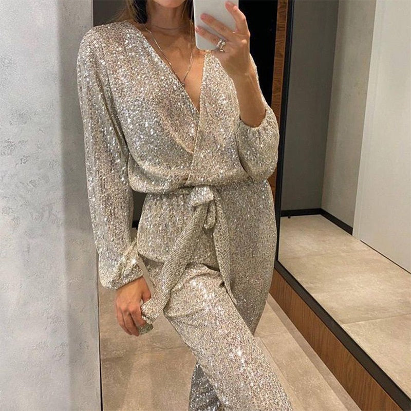 Celeste – Geraffineerde V-hals jumpsuit met lange mouwen en tailleband