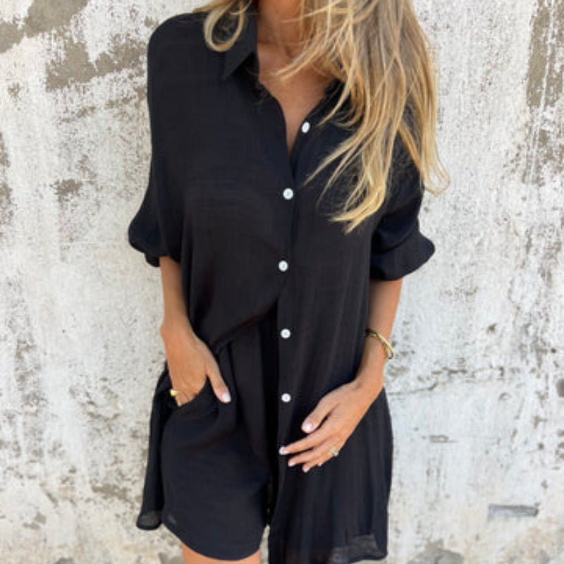 Daphne - Elegante tweedelig set met shirt met lange mouwen en shorts met elastische taille