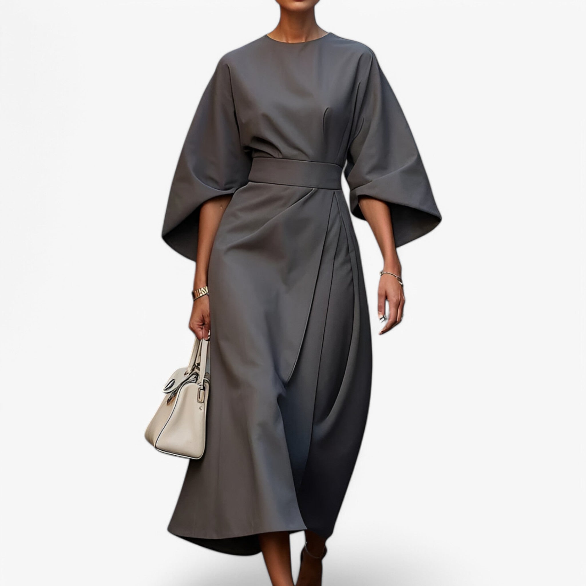 Jocelyn - Elegante jurk met hoge taille vleermuismouwen en asymmetrische snit