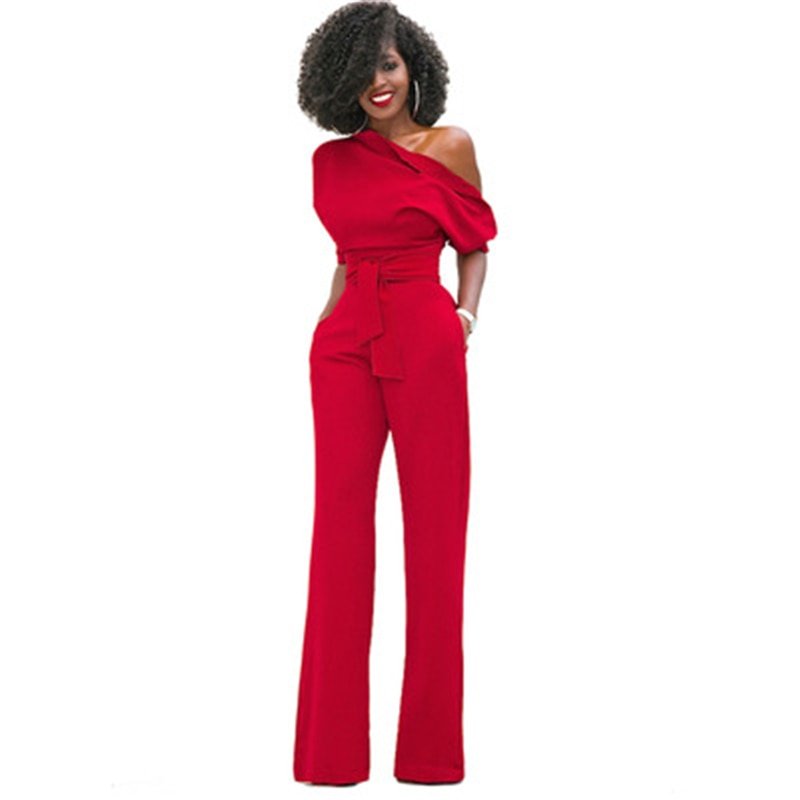 Emilia - Jumpsuit met één schouder en wijde pijp met tailleband