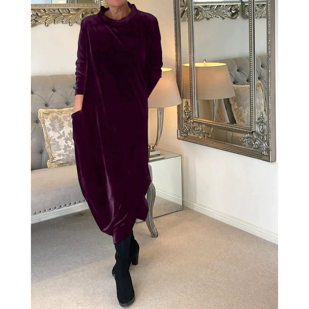 Emily – Elegante lange jurk met lange mouwen en zachte ronde halslijn