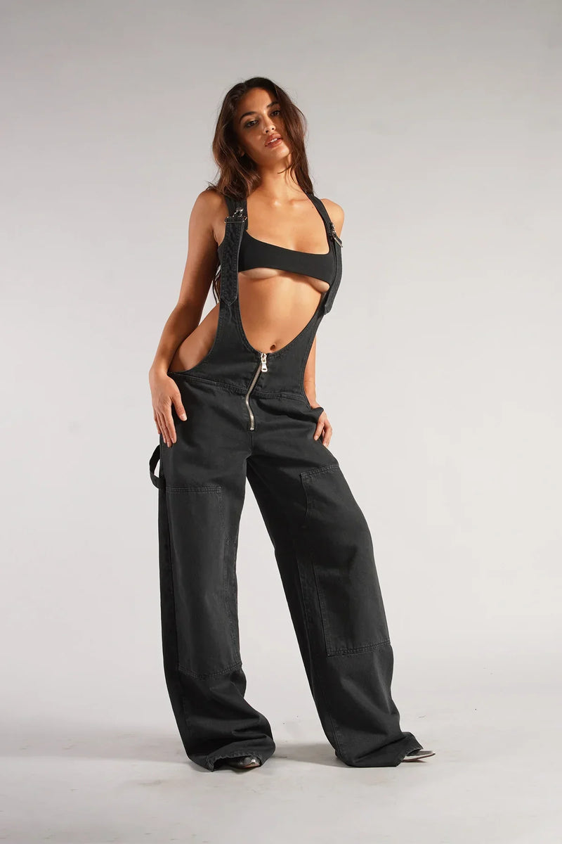 Aria - Chique mouwloze denim jumpsuit met wijde pijpen
