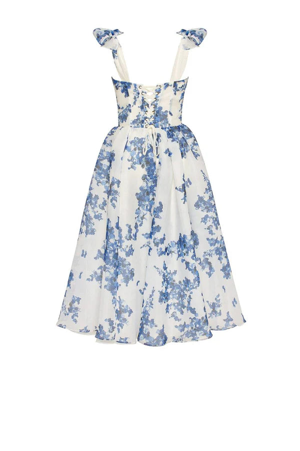 GracefulAura™ - Blauwe Bloemige Midi Jurk