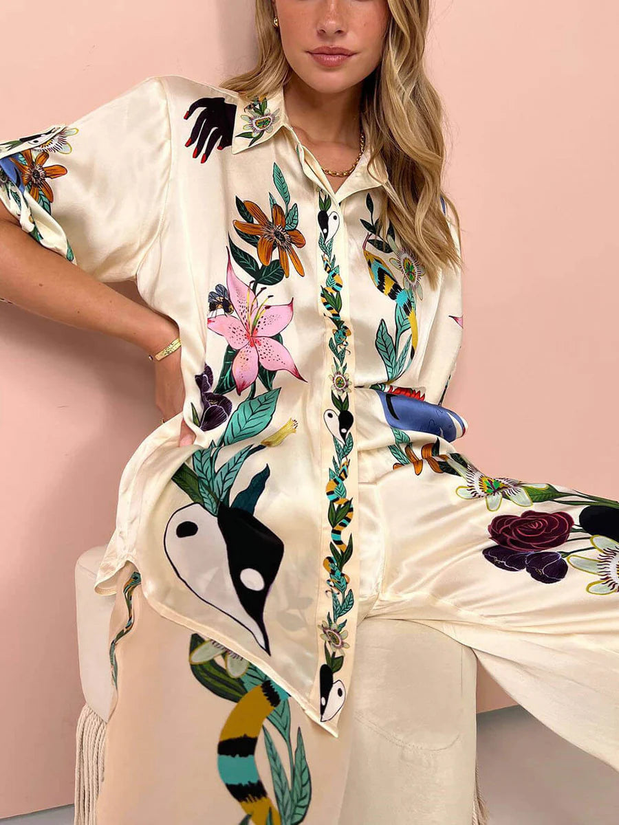 Maya - Stijlvol bijpassend shirt en broek met wijde pijpen met levendige prints