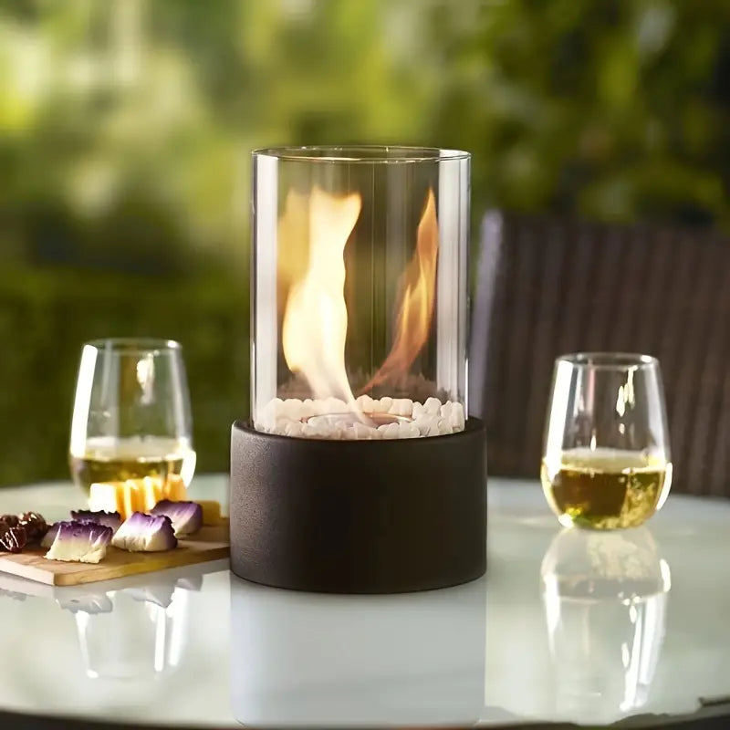 LumiFlame – Strakke, draagbare tafelhaard met glazen cilinder voor moderne warmte