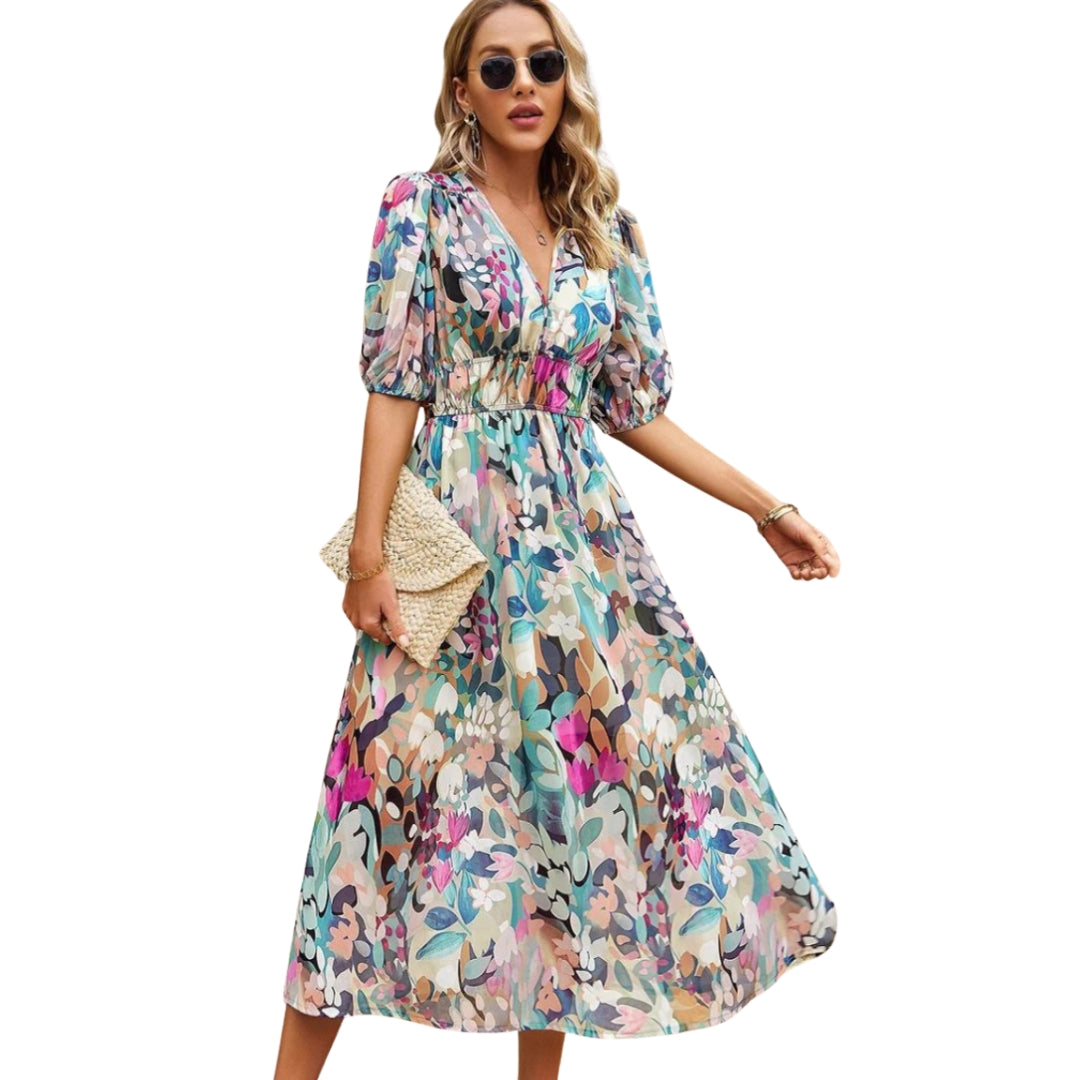 Isabella - Bloemen Midi Jurk met V Hals en Korte Mouwen