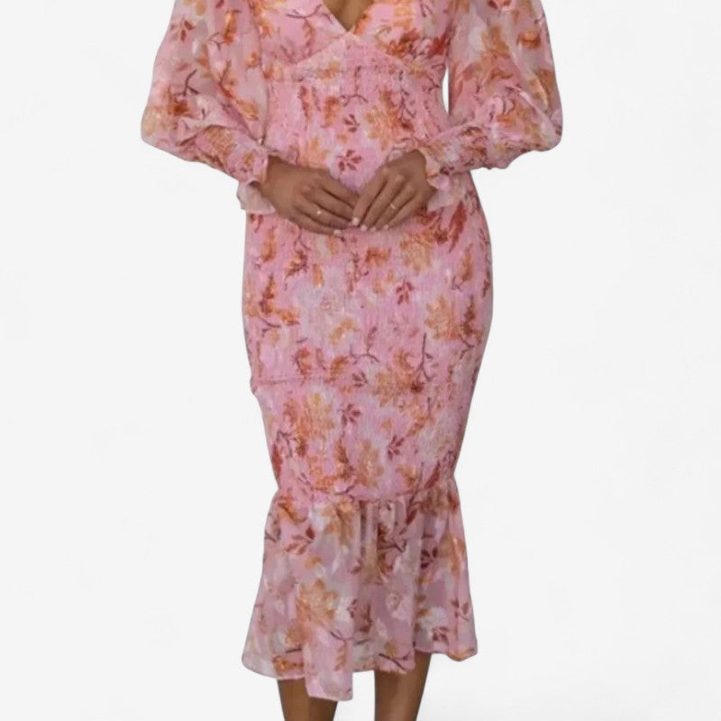 Alexandra - Jurk met Lange Mouwen Bloemenprint en V Hals