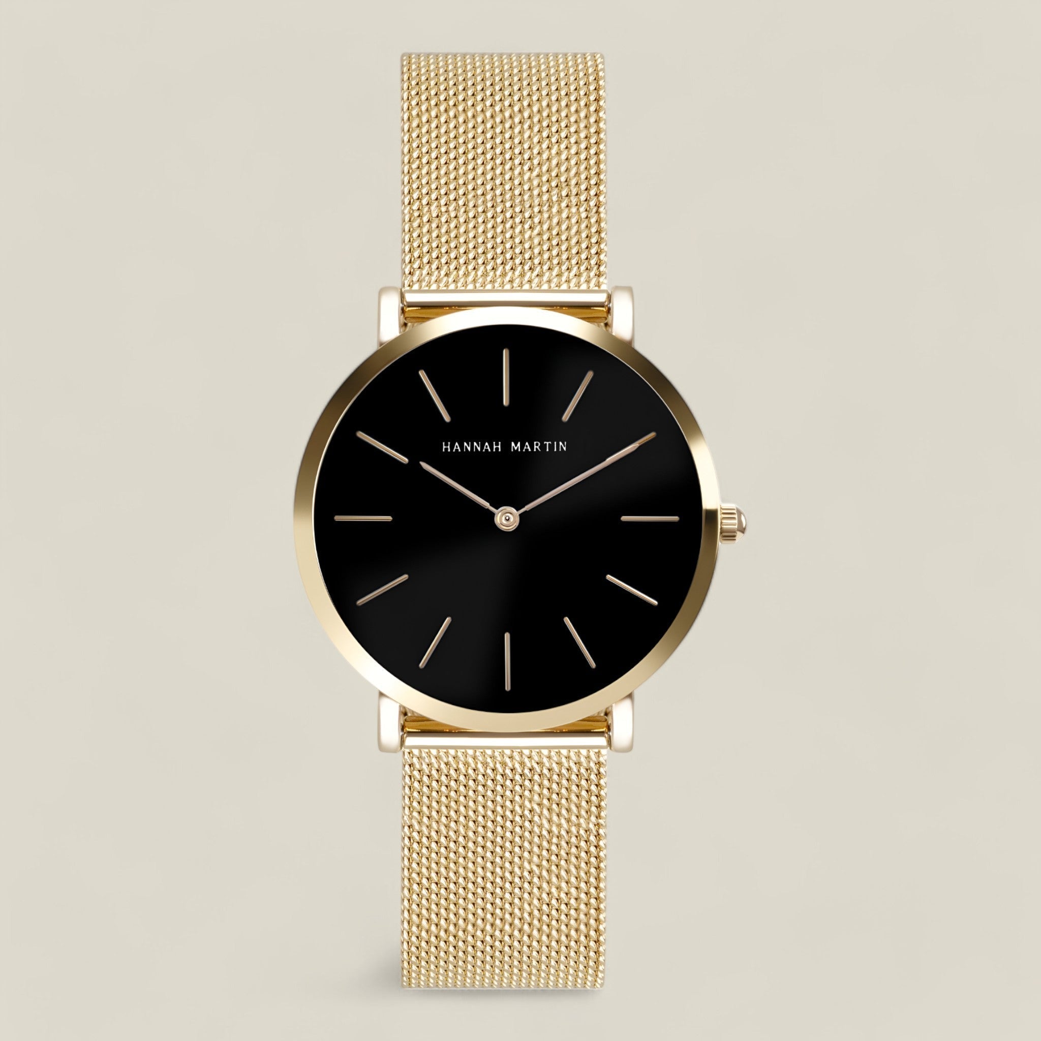 Dana - Rond gouden horloge met zwarte wijzerplaat en stijlvolle mesh band