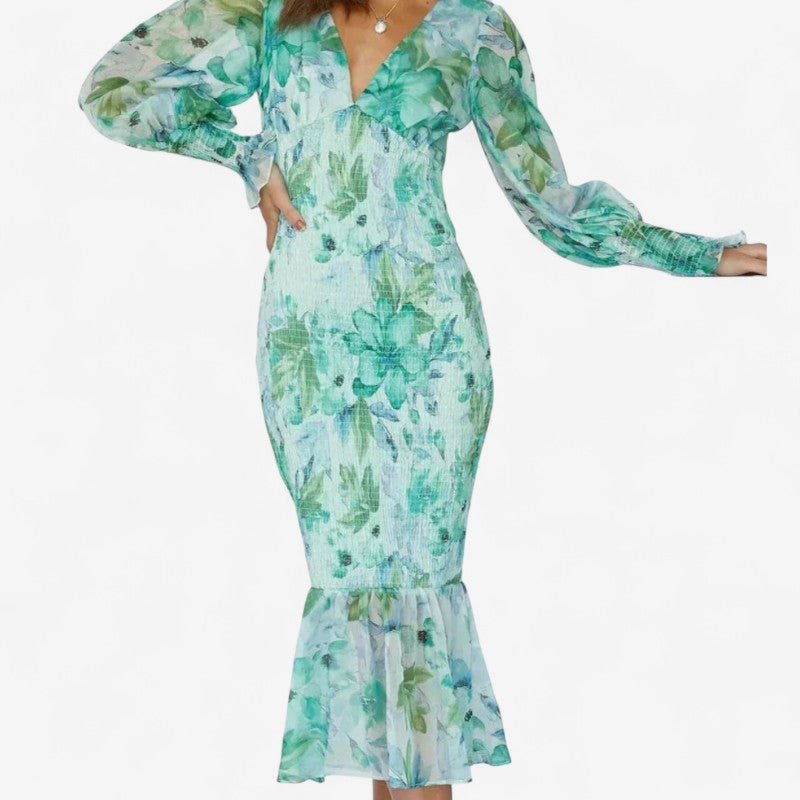 Alexandra - Jurk met Lange Mouwen Bloemenprint en V Hals
