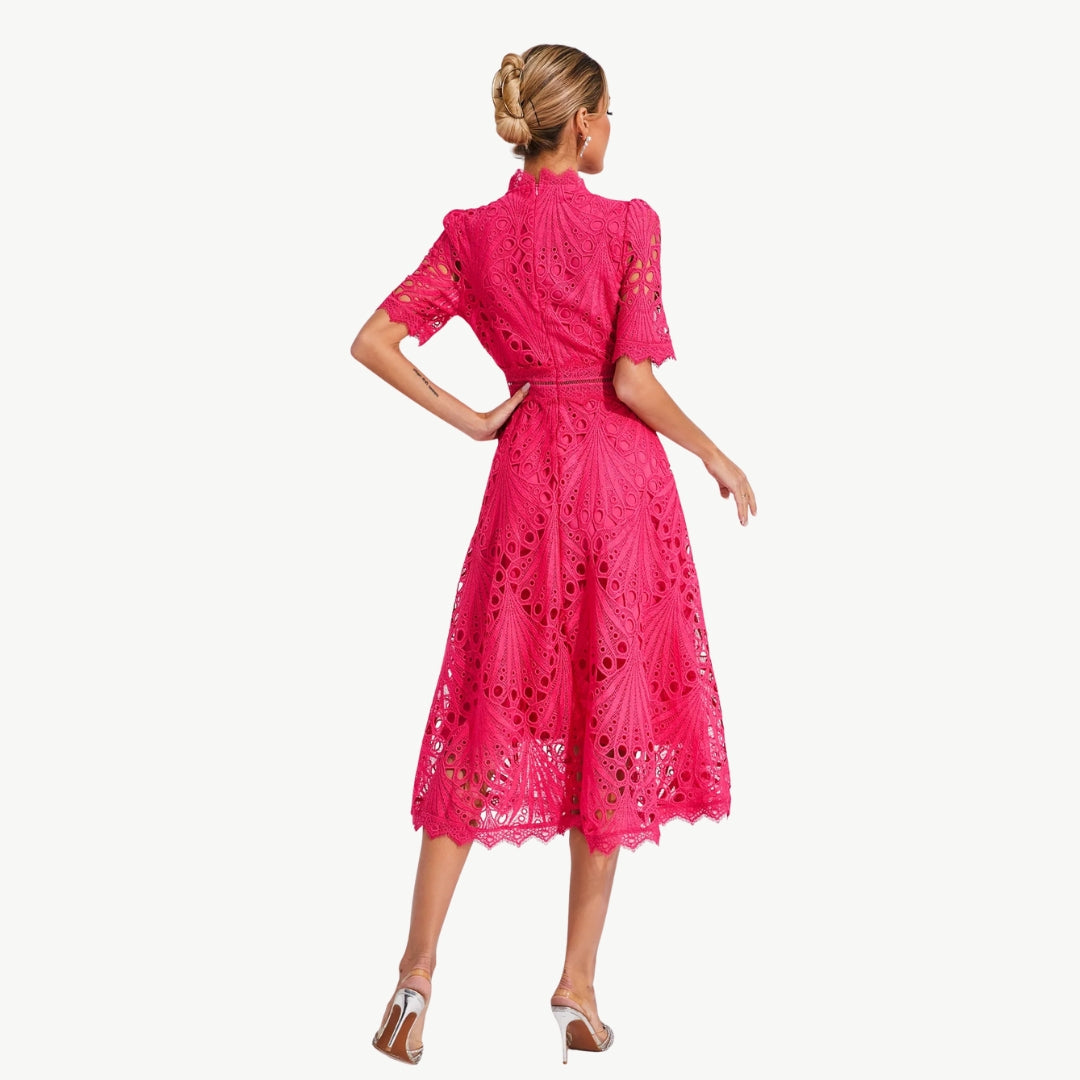 Elizabeth - Kant Jurk met Holle Details Ronde Hals en Middenkuit Lengte