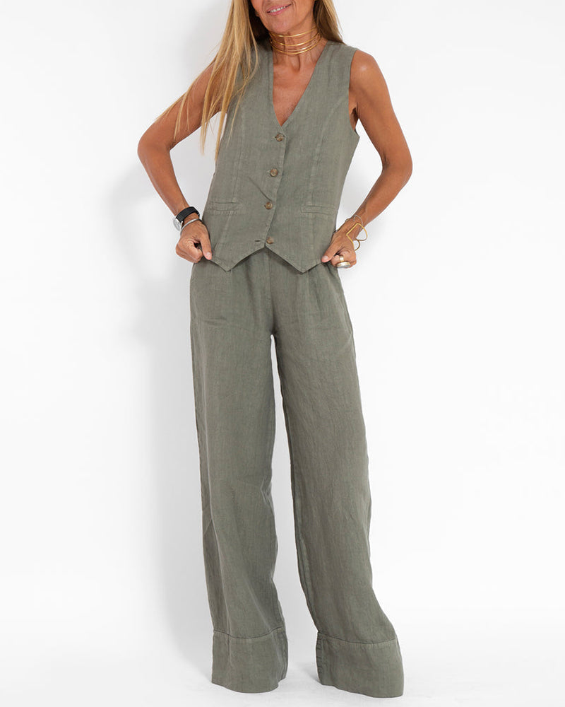Lena - Elegante 2-delige set met wijde broek & Button-Down vest
