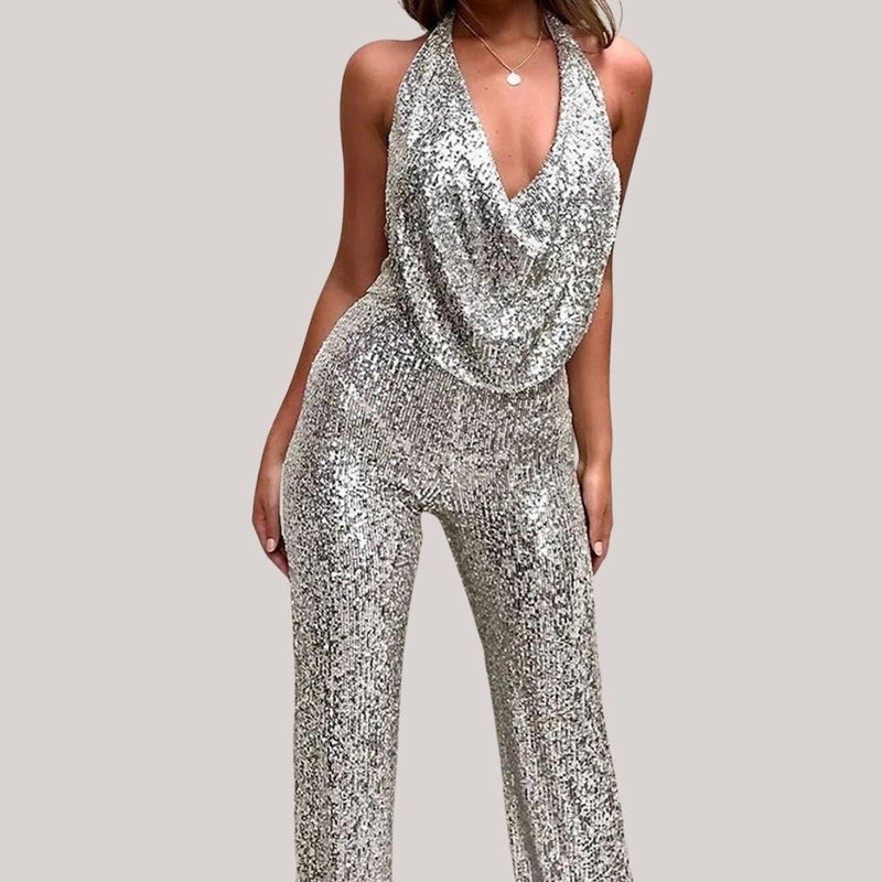 Maureen - Diep uitgesneden glitter jumpsuit met diepe V-hals