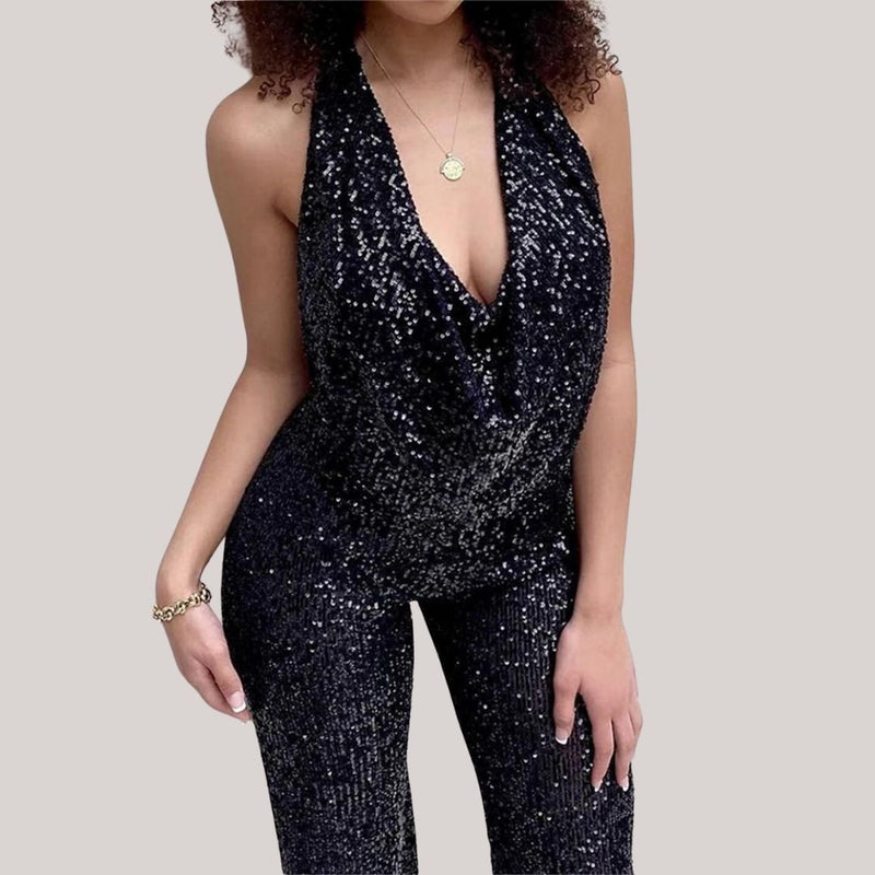 Maureen - Diep uitgesneden glitter jumpsuit met diepe V-hals