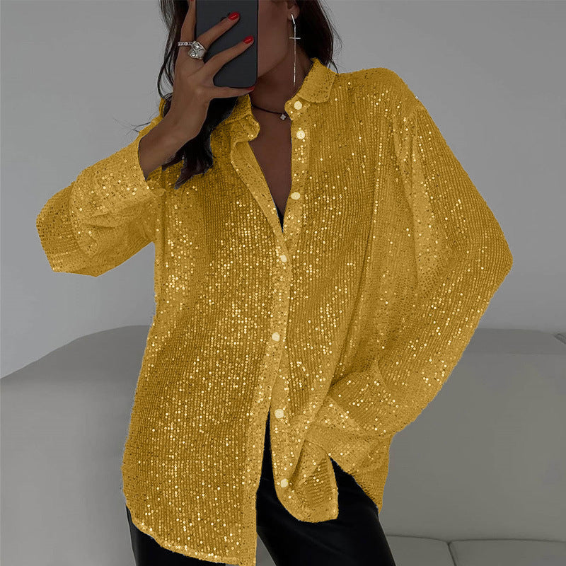 Luna - Sequin blouse met lange mouwen en klassieke kraag