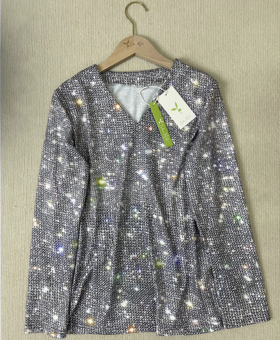 Ella - Top met zilveren metallic print voor de feestdagen