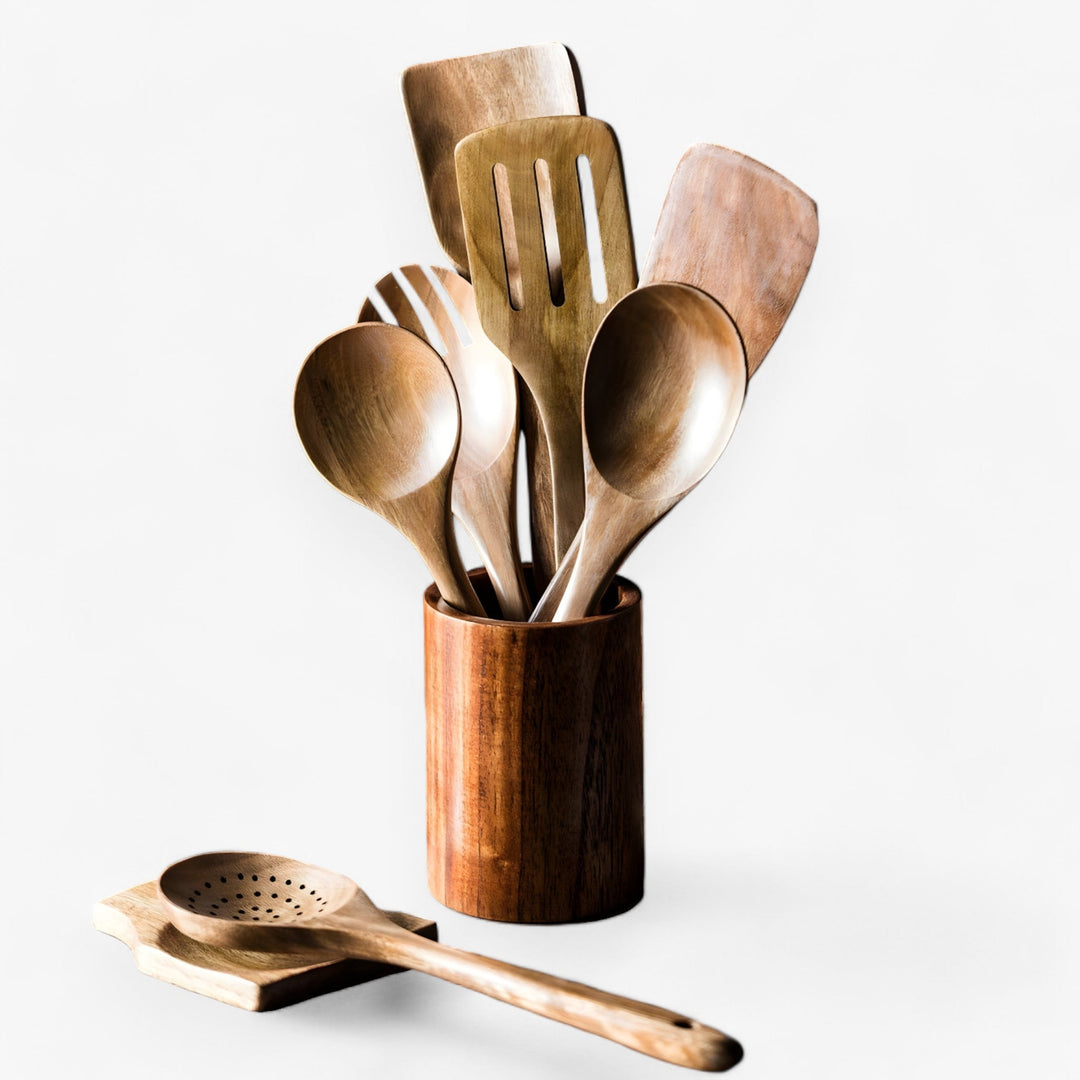 WoodenServe - Houten 9-delige hittebestendige kookset