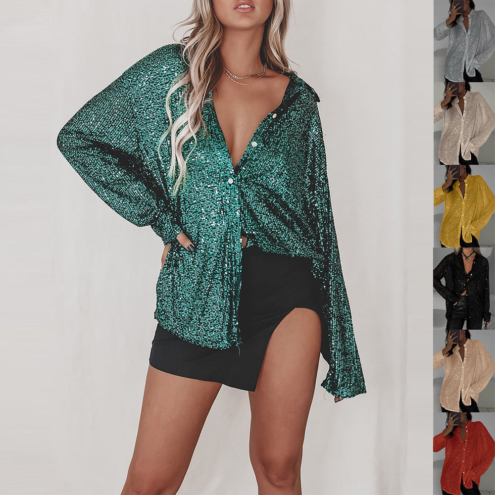 Luna - Sequin blouse met lange mouwen en klassieke kraag