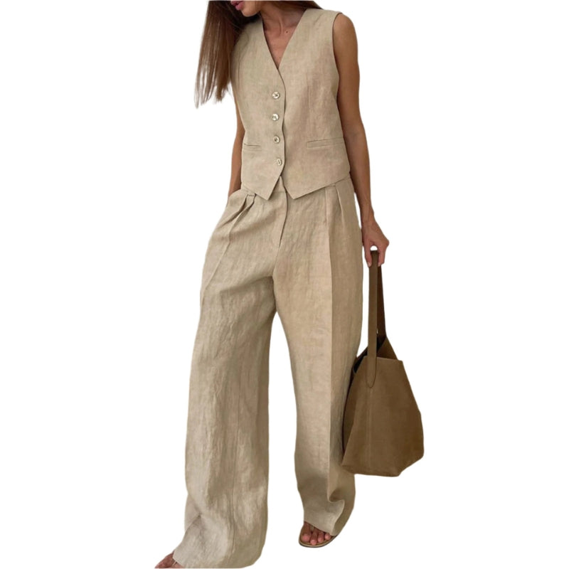 Elora – Tailored tweedelige set met mouwloze top en wijd uitlopende broek