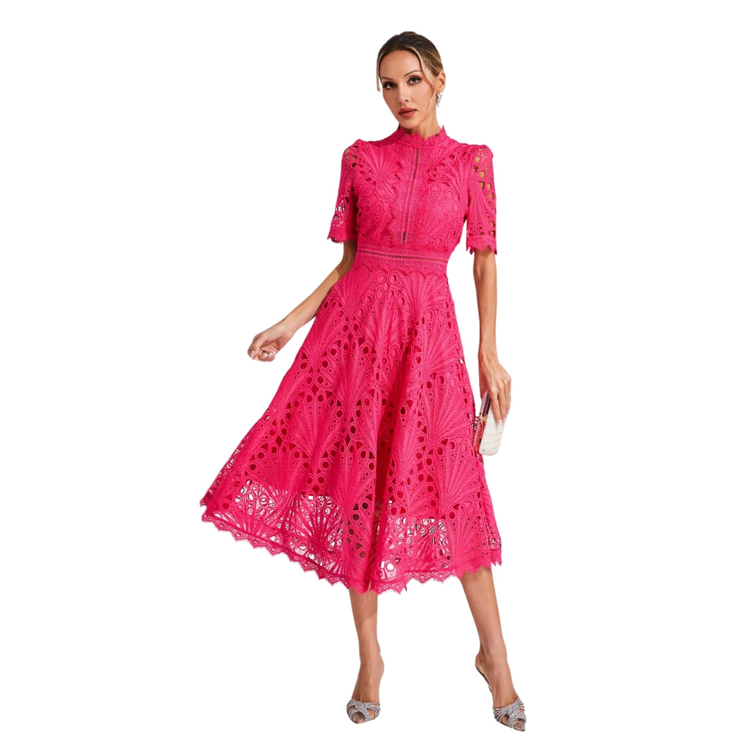 Elizabeth - Kant Jurk met Holle Details Ronde Hals en Middenkuit Lengte