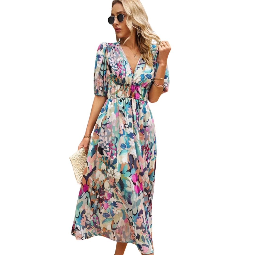 Isabella - Bloemen Midi Jurk met V Hals en Korte Mouwen
