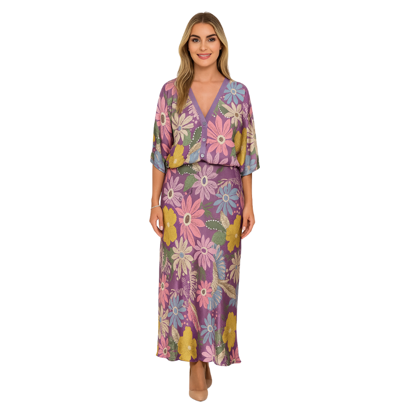 Emilia – Lange maxi jurk met bloemenprint en knopen aan de voorkant wijde mouwen