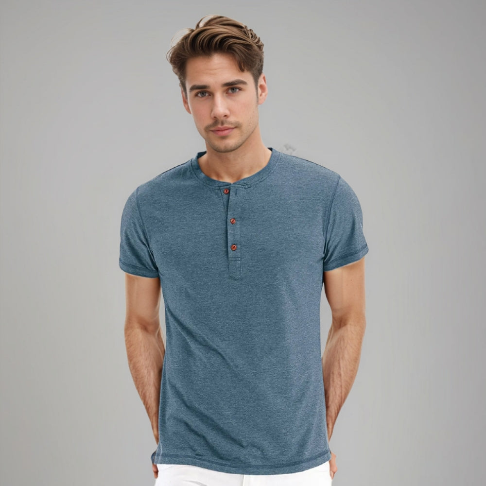 Stefan - Henley Kraag Slim Fit T Shirt met Korte Mouwen