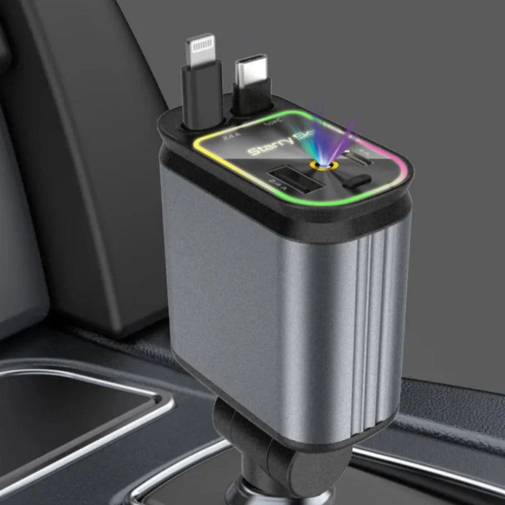 VoltHaven - Compacte Autolader met Sterren Stemmingslicht en 4 Laad Uitgangen Ontwerp