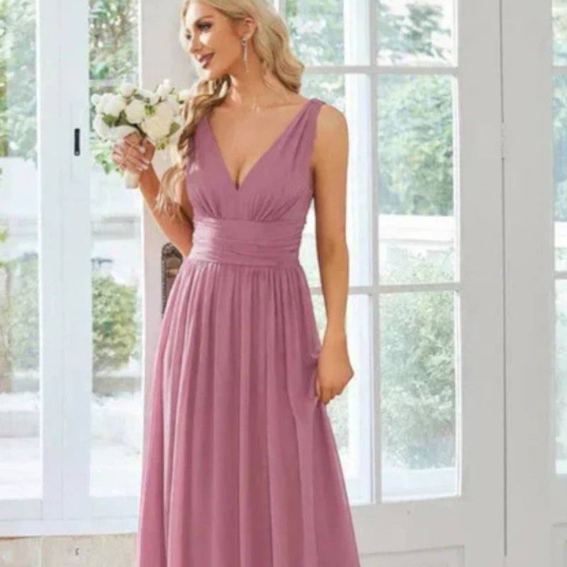 Catherine – Mouwloze Maxi jurk met A lijn en V hals